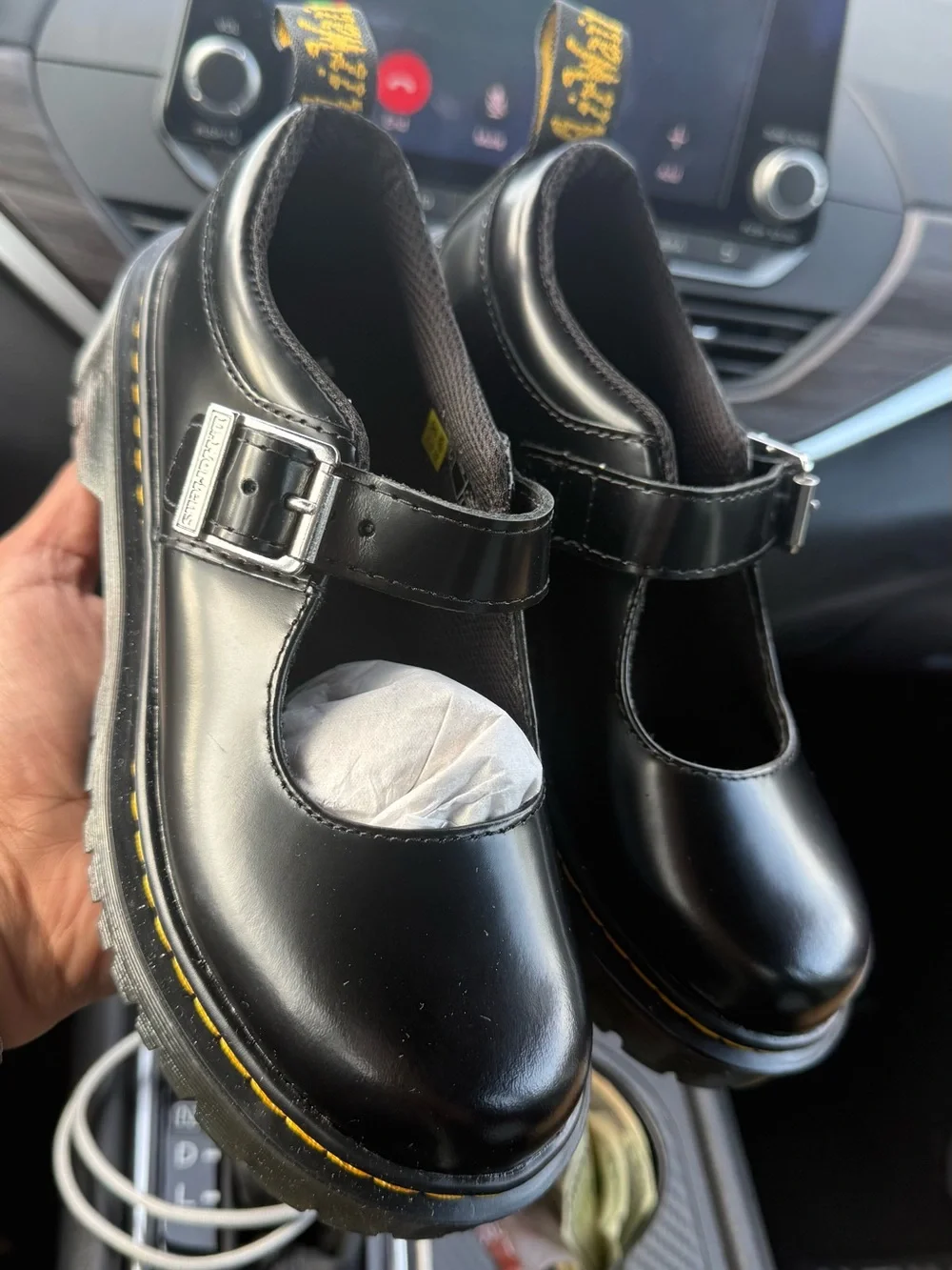 Dr. Martens Black Mary Jane Shoes with Yellow Stitching